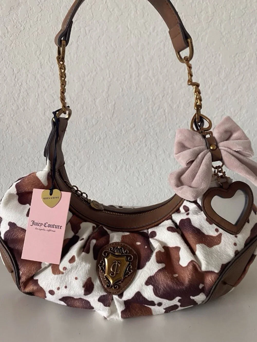 Juicy Couture Romance Cow Print Hobo Coho Bag Saddle White W/Charm Viral NEW